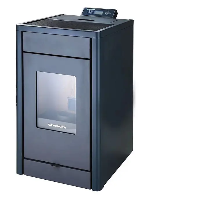 SCHENGER Pelletofen HP07 - 8 kW, Raumheizvermögen: 160 m³, 0,9 kg/h, Farbe Verkleidung: Dunkelgrau - Dunkelgrauer Pelletofen mit Glastür und oben angebrachtem Bedienfeld.