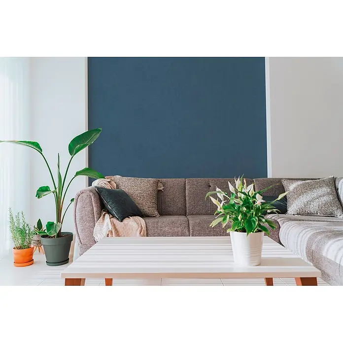 A.S. Création Cuba 2 Vliestapete Uni - Blau, Uni, 10,05 x 0,53 m - Modernes Wohnzimmer mit einer blauen Akzentwand, einem grauen Sofa und üppigen Grünpflanzen.