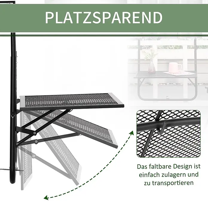 Outsunny Balkon-Hängetisch - Schwarz - Schwarzer, klappbarer Balkontisch aus Metall mit Gitteroberfläche, in gefalteter und entfalteter Position für platzsparendes Design.