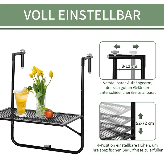 Outsunny Balkon-Hängetisch - Schwarz - Schwarzer Metall-Balkontisch mit Gitterfläche, verstellbarem Aufhängearm (3-11 cm) und 4-stufiger Höhenverstellung (52-72 cm).