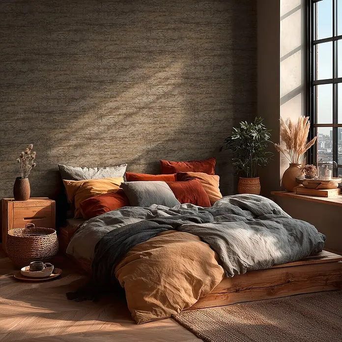 A.S. Création Metropolitan Stories Vibes & Styles Vliestapete Stein - Braun-Grau, Steinoptik, 10,05 x 0,53 m - Gemütliches Schlafzimmer mit Holzbett, mehrfarbiger Bettwäsche, strukturierter Wand und natürlicher Dekoration im Sonnenlicht.