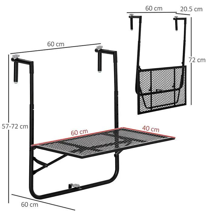 Outsunny Balkon-Hängetisch - Schwarz - Schwarzer Metall-Hängebalkontisch, höhenverstellbar, ausgeklappt und eingeklappt dargestellt, mit Maßen.