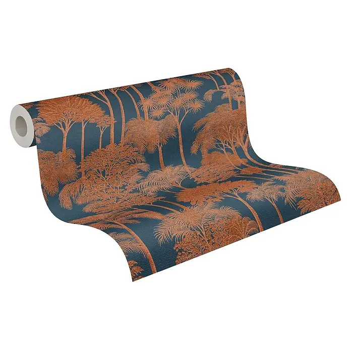 A.S. Création Cuba 2 Vliestapete Wald - Blau-Braun, Floral, 10,05 x 0,53 m - Dunkelblaue Tapetenrolle mit kupferfarbenem Dschungelbaummuster.