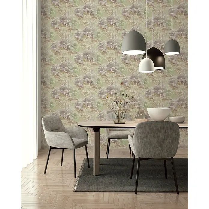 A.S. Création Pintwalls 3 Vliestapete Natur - Beige-Grün, Floral, 10,05 x 0,53 m - Tapete mit einer gedeckten, illustrativen Waldlandschaft in Grün-, Violett- und Brauntönen an einer Esszimmerwand.