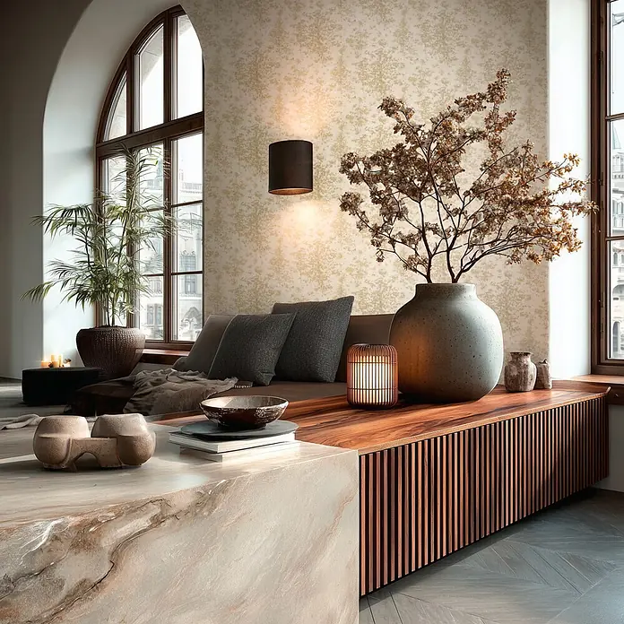 A.S. Création Metropolitan Stories Vibes & Styles Vliestapete Zweige - Creme-Gelb, Floral, 10,05 x 0,53 m - Ein modernes Wohnzimmer mit Holzlamellenkonsole und Couchtisch mit Marmormuster.