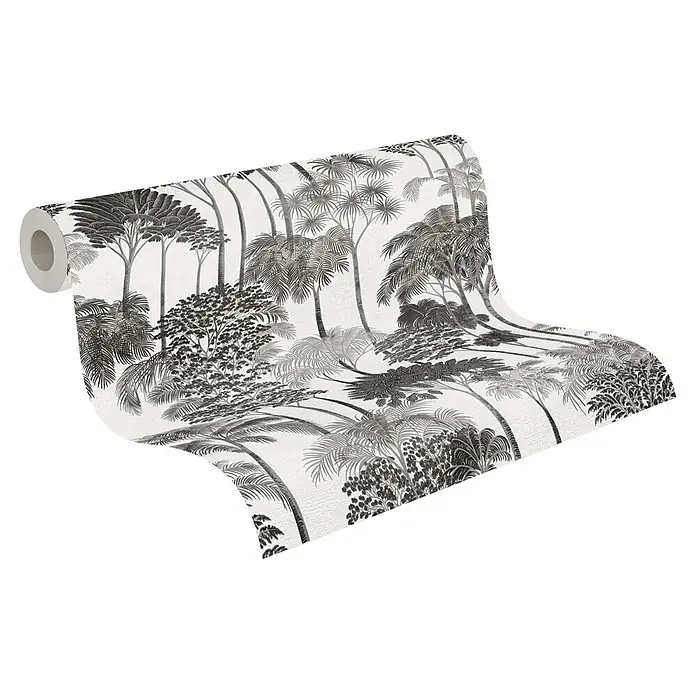 A.S. Création Cuba 2 Vliestapete Wald - Grau-Schwarz, Floral, 10,05 x 0,53 m - Rolle schwarz-weiße Tapete mit Dschungelmuster, entrollt, um das detailreiche tropische Baumdesign zu zeigen.