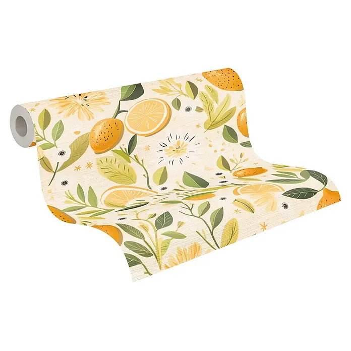 A.S. Création Pintwalls 3 Vliestapete Zitronen - Creme-Gelb, Floral, 10,05 x 0,53 m - Tapetenrolle mit Muster aus gelben Zitronen, Orangenscheiben und grünen Blättern auf hellem, strukturiertem Hintergrund, ausgerollt.