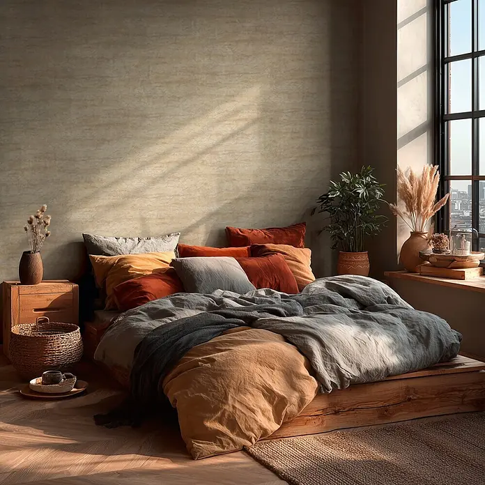 A.S. Création Metropolitan Stories Vibes & Styles Vliestapete Stein - Creme-Beige, Steinoptik, 10,05 x 0,53 m - Gemütliches Schlafzimmer mit rustikalem Holzbett und Bettwäsche in erdigen Orange-, Braun- und Grautönen, von natürlichem Licht beleuchtet.