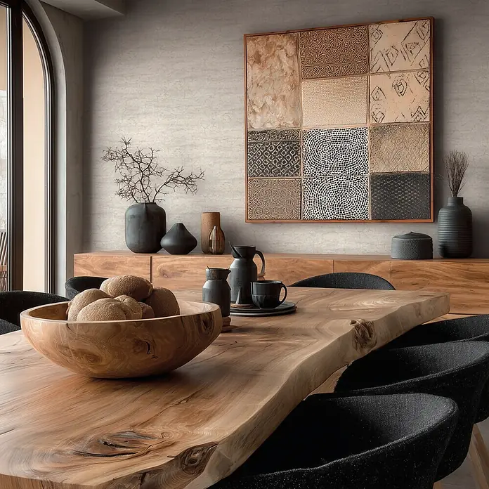 A.S. Création Metropolitan Stories Vibes & Styles Vliestapete Stein - Grau-Weiß, Steinoptik, 10,05 x 0,53 m - Großer Esstisch aus Holz mit Baumkante und natürlicher Maserung, umgeben von schwarzen Stühlen in einem modernen Esszimmer.