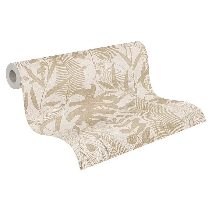 A.S. Création Cuba 2 Vliestapete Blätter - Beige-Creme, Floral, 10,05 x 0,53 m - Teilweise abgerollte Rolle beigefarbener Strukturtapete mit tropischem Blattmuster.