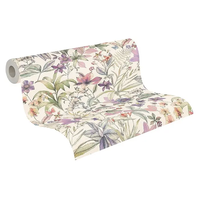 A.S. Création Pintwalls 3 Vliestapete Blüten - Weiß-Lila, Floral, 10,05 x 0,53 m - Entrollte Tapetenrolle mit detailliertem, farbenfrohem Aquarell-Blumenmuster.