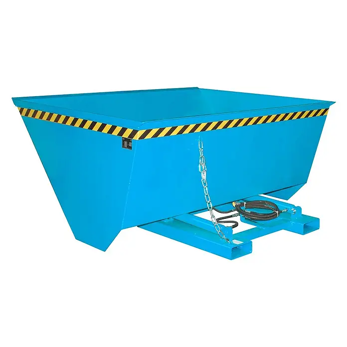 Bauer Seitenkippschaufel Schaufel HVR 150, lackiert, Lichtblau -  - Blauer Kippbehälter mit gelb-schwarzen Warnstreifen, Hydraulikleitungen und Kette, für Gabelstapler.