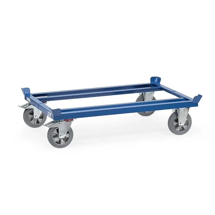 Fetra Palettenwagen Palettenfahrgestelle für Gitterboxen und Flachpaletten für Palettengröß - L x B x H: 85,5 cm x 65,5 cm x 0,01 m - Blauer Transportroller aus Metall mit rechteckigem Rahmen und vier grauen Rollen zum Warentransport.