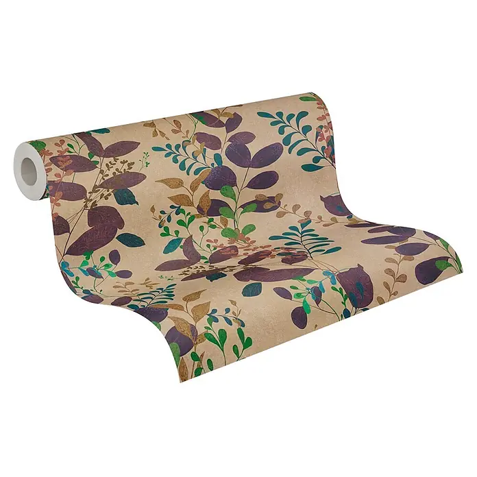 A.S. Création Pintwalls 3 Vliestapete Blätter I - Braun-Lila, Uni, 10,05 x 0,53 m - Rolle hellbraunes Geschenkpapier mit lila, grünen und braunen Pflanzenmuster.