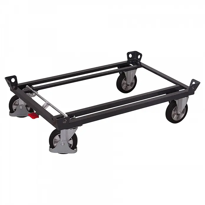 Variofit Palettenwagen Palettenfahrgestelle für Gitterboxen/Europaletten mit Gummibereifung 1200k -  - Schwarzer Metall-Transportroller mit vier grauen Rollen.