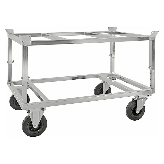 Kongamek Palettenwagen Palettenwagen verzinkt und verschweißt, höhenverstellbar 700mm hoch mit B -  - Silberfarbener Metallwagen mit verstellbarem Rahmen und vier robusten Rädern, zum Transport und zur Lagerung konzipiert.