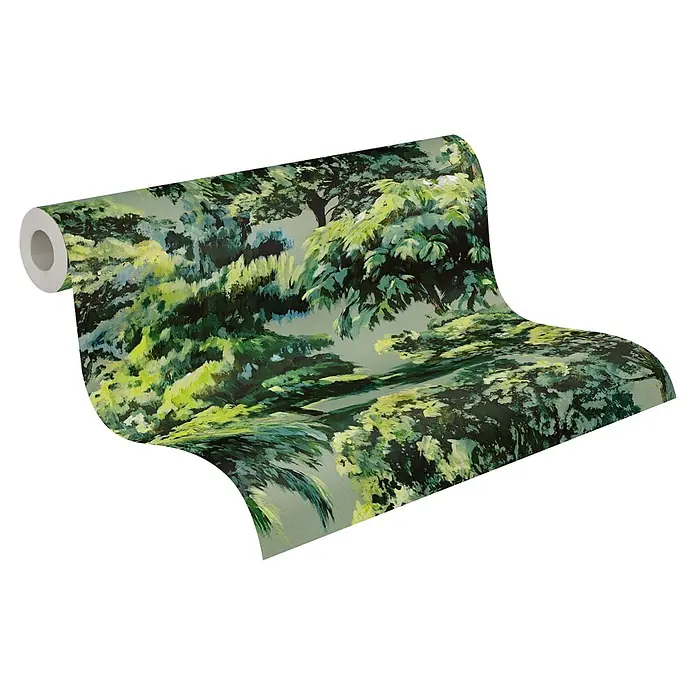 A.S. Création Pintwalls 3 Vliestapete Wald - Grün, Floral, 10,05 x 0,53 m - Grüne Tapetenrolle mit gemaltem Naturmuster, teilweise abgerollt.