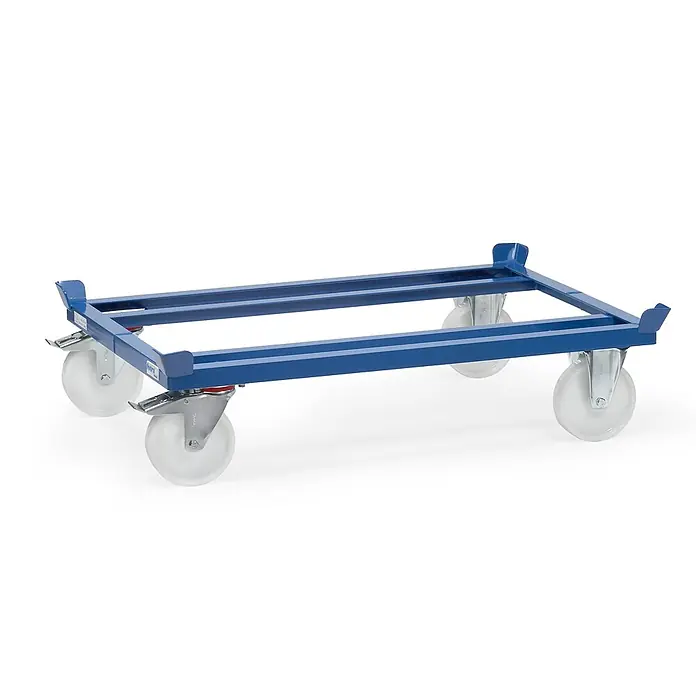 Fetra Palettenwagen Palettenfahrgestelle für Gitterboxen und Flachpaletten für Palettengröß - L x B x H: 81 cm x 65,5 cm x 0,01 m - Blauer Transportrahmen aus Stahl auf vier Rollen, zwei gebremst.