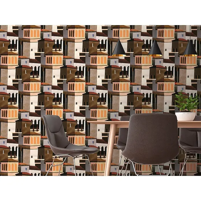 A.S. Création Pintwalls 3 Vliestapete Mediterran - Weiß-Braun, Sonstiges, 10,05 x 0,53 m - Moderne Esszimmerstühle mit dunkelbraunen Kunstledersitzen und einem hellen Holztisch in einem Raum mit architektonischer Tapete.