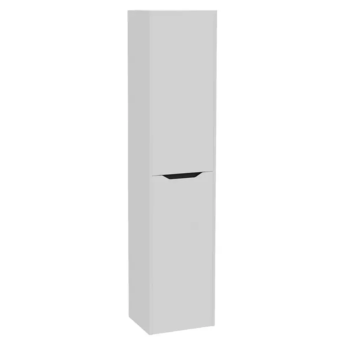 VitrA Integra Square Hochschrank - B x T x H: 40 x 37 x 180 cm, Hellgrau, Inklusive 4 Glaseinlegeböden, DIN Anschlag: Rechts - Hoher, hellgrauer Schrank mit zwei Türen, die untere Tür mit einem modernen, integrierten schwarzen Griff mit angewinkelter Aussparung.