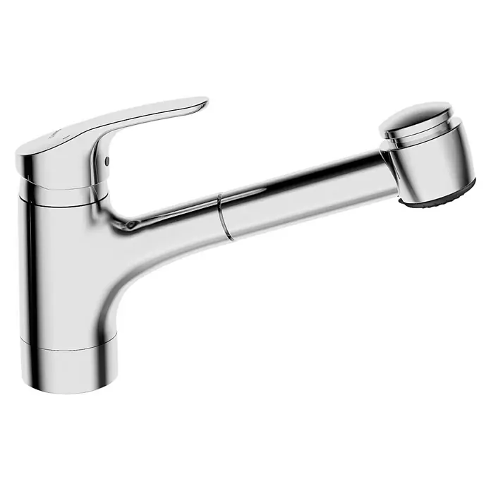 Hansa Mix Spültischarmatur - Niederdruck, Chrom, Glänzend, Anzahl Strahlarten: 2 Stk. - Nahaufnahme einer glänzenden, verchromten Küchenarmatur mit herausziehbarer Brause und schlankem Design auf einem neutralen Hintergrund.