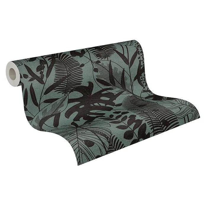 A.S. Création Cuba 2 Vliestapete Blätter - Blau-Schwarz, Floral, 10,05 x 0,53 m - Rolle strukturierter, dunkel türkisgrüner Tapete mit schwarzen botanischen Blattmustern.