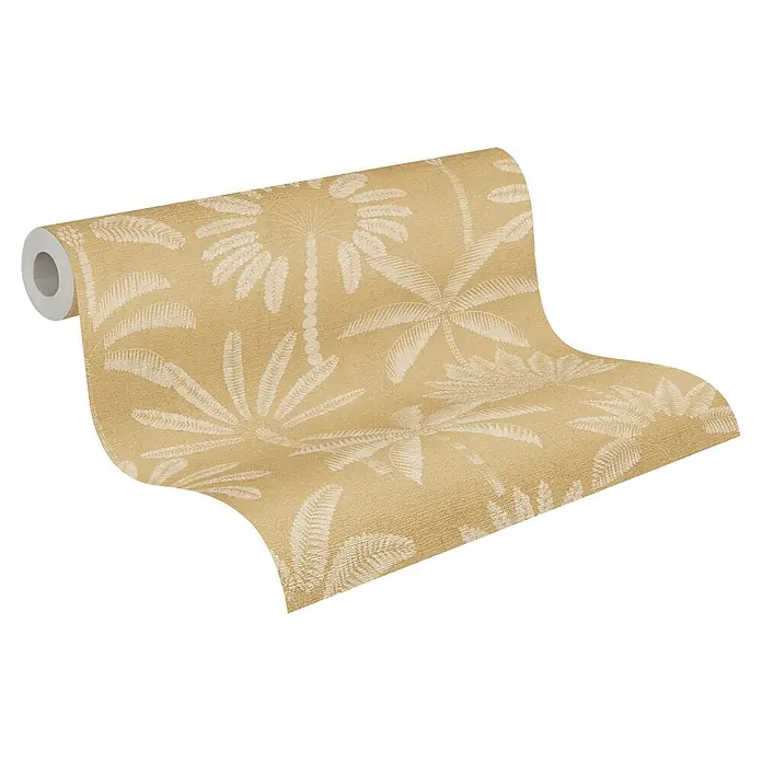 A.S. Création Cuba 2 Vliestapete Palmen II - Braun-Creme, Floral, 10,05 x 0,53 m - Beige strukturierte Tapetenrolle mit weißem Palmenmuster, teilweise ausgerollt.