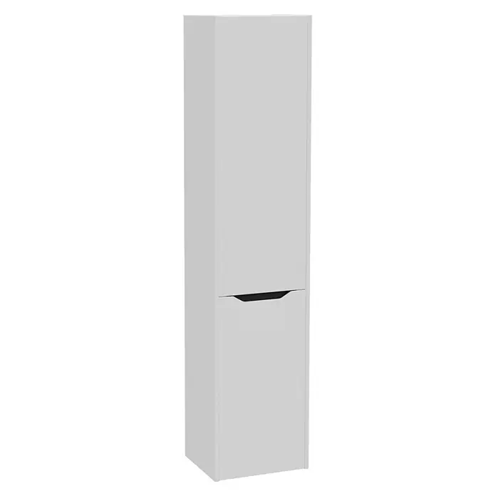 VitrA Hochschrank Integra Square - B x T x H: 40 x 37 x 180 cm, Hellgrau, Inklusive 3 Glasböden und Wäscheklappe, DIN Anschlag: Rechts - Hoher hellgrauer Schrank mit zwei Türen und integriertem schwarzem Griff.