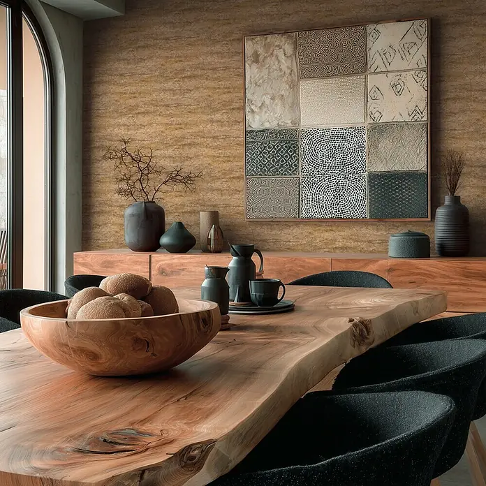 A.S. Création Metropolitan Stories Vibes & Styles Vliestapete Stein - Braun-Beige, Steinoptik, 10,05 x 0,53 m - Großer Esstisch aus Holz mit Baumkante, Mittelpunkt eines modernen Esszimmers, mit Deko und Stühlen.