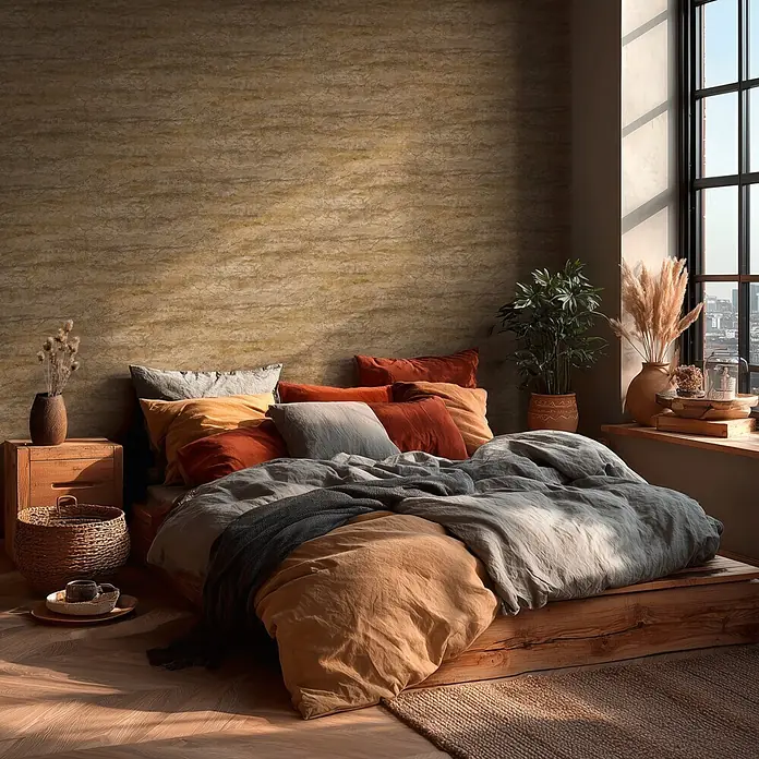 A.S. Création Metropolitan Stories Vibes & Styles Vliestapete Stein - Braun-Beige, Steinoptik, 10,05 x 0,53 m - Gemütliches Schlafzimmer mit rustikalem Holz-Bettrahmen und warm getönter Bettwäsche in Rost, Orange, Grau und Braun.
