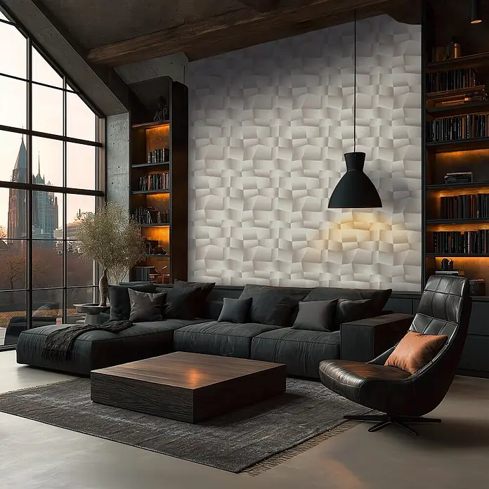 A.S. Création Metropolitan Stories Vibes & Styles Vliestapete Grafik I - Grau-Metallic, Grafisch, 10,05 x 0,53 m - Strukturierte, hellfarbene 3D-Wandpaneele mit geometrischen Facetten, die ein modernes Wohnzimmer aufwerten.