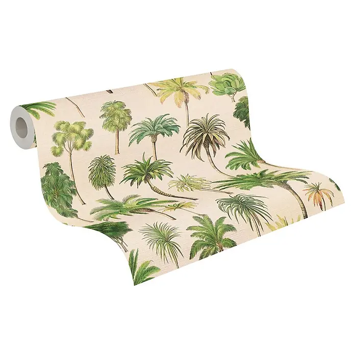 A.S. Création Pintwalls 3 Vliestapete Palmen - Beige-Grün, Floral, 10,05 x 0,53 m - Gerollte Tapete mit Vintage-Palmenmuster auf hellbeigem Hintergrund.