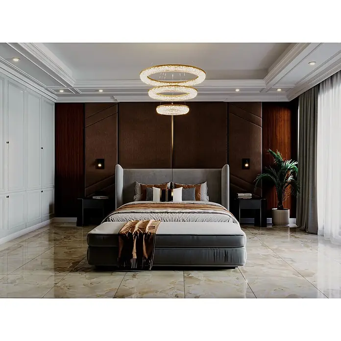 Feinsteinzeugfliese Onyx Freedom - 60 x 120 cm, Beige, Glänzend - Luxuriöses Schlafzimmer mit großem Bett, gepolstertem Kopfteil und glänzendem Marmorboden.