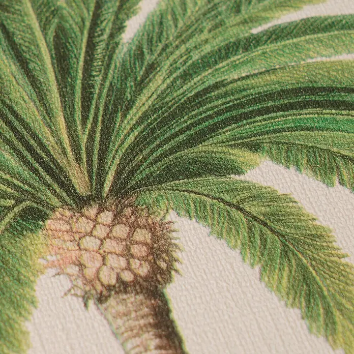 A.S. Création Pintwalls 3 Vliestapete Palmen - Beige-Grün, Floral, 10,05 x 0,53 m - Nahaufnahme einer texturierten botanischen Palmenillustration mit grünen Wedeln und detailreichem Stamm im Vintage-Stil.