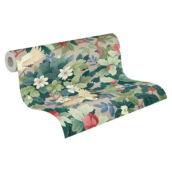 A.S. Création Pintwalls 3 Vliestapete Botanik - Beige-Grün, Floral, 10,05 x 0,53 m - Tapetenrolle mit Muster aus grünen Blättern, weißen und roten Blumen sowie weißen Kranichen auf beigem Hintergrund.