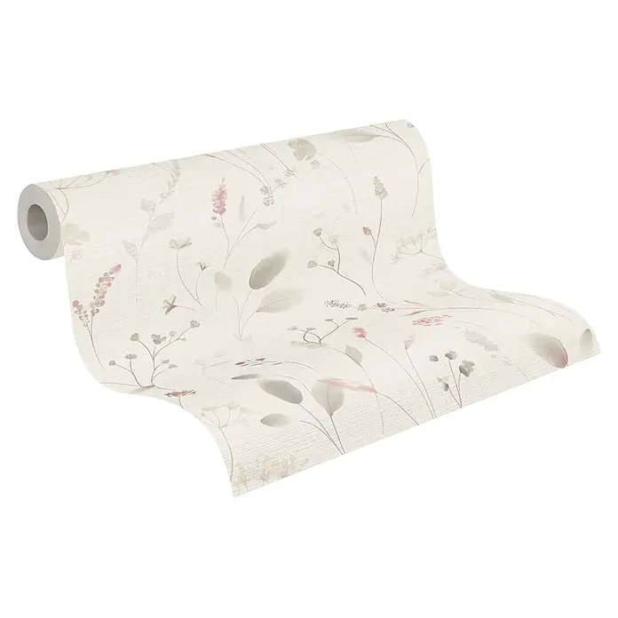 A.S. Création Pintwalls 3 Vliestapete Gräser - Weiß-Braun, Floral, 10,05 x 0,53 m - Rolle beiger Tapete mit zartem rosa und grauem Blumenmuster, abrollend.