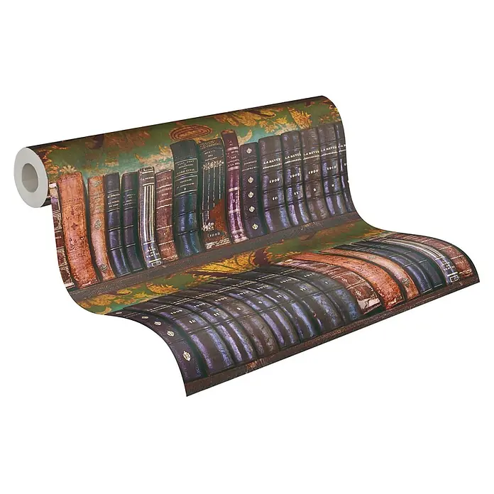 A.S. Création Pintwalls 3 Vliestapete Bücher - Grün-Braun, Sonstiges, 10,05 x 0,53 m - Gerollte Tapete mit Vintage-Bücherregal-Muster, alte Bücher in verschiedenen Farben zeigend.