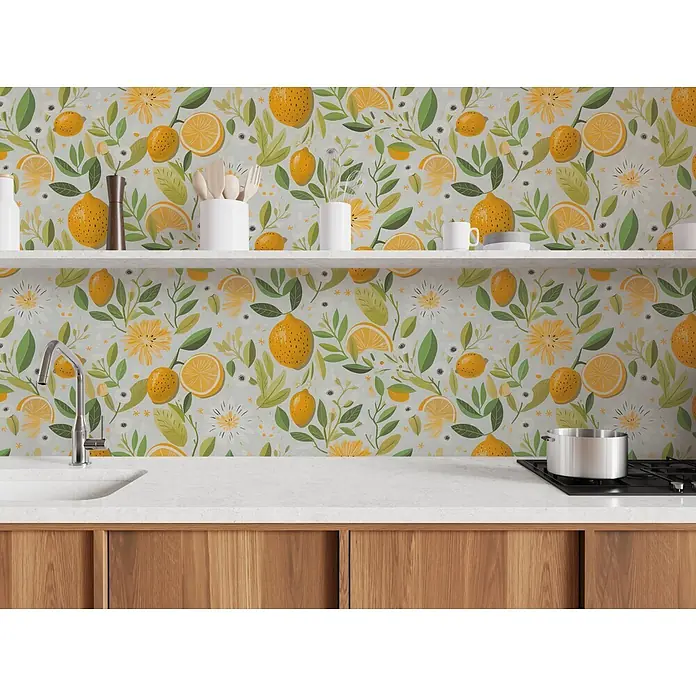 A.S. Création Pintwalls 3 Vliestapete Zitronen - Gelb-Grau, Floral, 10,05 x 0,53 m - Moderne Küche mit zitronen- und blumenmusternder Wand, weißer Ablage, Spüle, Herd und Holzschränken, bestückt mit Küchenutensilien.