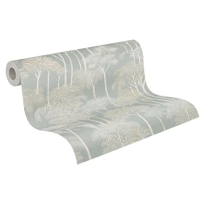 A.S. Création Cuba 2 Vliestapete Wald - Creme-Grün, Floral, 10,05 x 0,53 m - Abgerollte Tapetenrolle mit hellblau-grünem Grund und filigranem Muster aus cremefarbenen Bäumen und Laub.