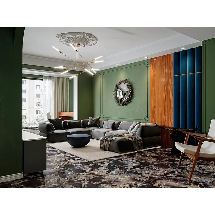 Feinsteinzeugfliese Onyx Freedom - 60 x 60 cm, Black, Matt - Modernes Wohnzimmer mit großem grauem Ecksofa, grünen Wänden, dunklem Marmorboden und elegantem goldenen Kronleuchter.