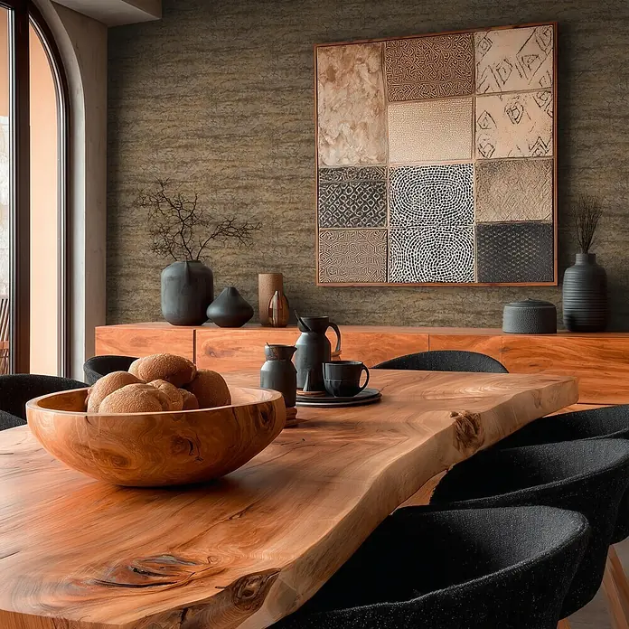 A.S. Création Metropolitan Stories Vibes & Styles Vliestapete Stein - Braun-Grau, Steinoptik, 10,05 x 0,53 m - Esstisch aus Massivholz mit Baumkante in einem modernen Esszimmer mit schwarzen Stühlen und Wandkunst.