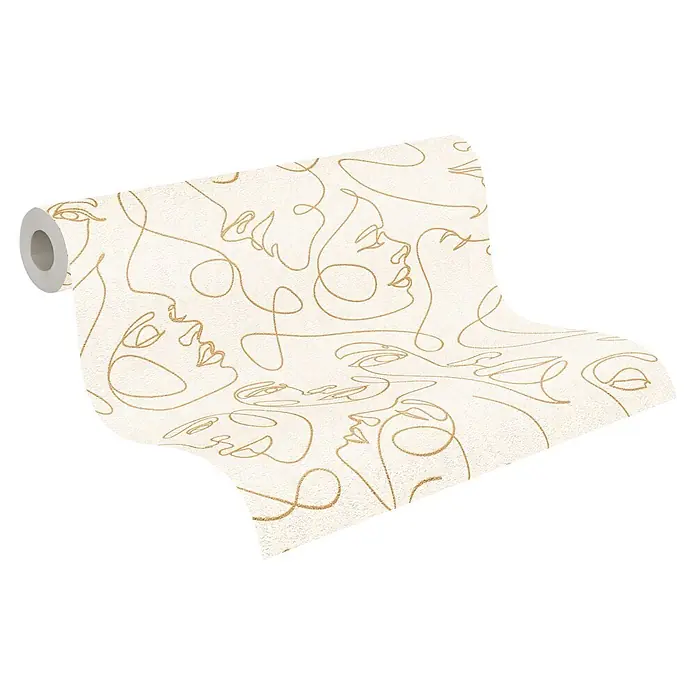 A.S. Création Pintwalls 3 Vliestapete Gesichter - Weiß-Gold, Grafisch, 10,05 x 0,53 m - Beige strukturierte Tapetenrolle mit goldenen, durchgehenden Linien abstrakter Gesichter.