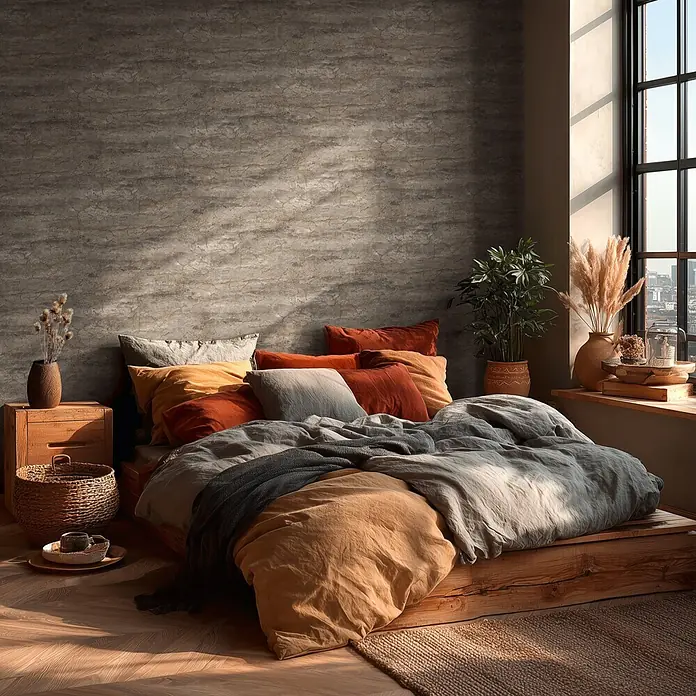 A.S. Création Metropolitan Stories Vibes & Styles Vliestapete Stein - Grau-Braun, Steinoptik, 10,05 x 0,53 m - Gemütliches Schlafzimmer mit rustikalem Holzbettrahmen, warmer und grauer Bettwäsche, neben großem Fenster.