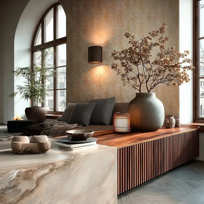 A.S. Création Metropolitan Stories Vibes & Styles Vliestapete Zweige - Beige-Grau, Floral, 10,05 x 0,53 m - Modernes niedriges Sideboard: helle Marmorplatte, Lamellenholz-Basis, dekoriert in einem schicken, warmen Raum.