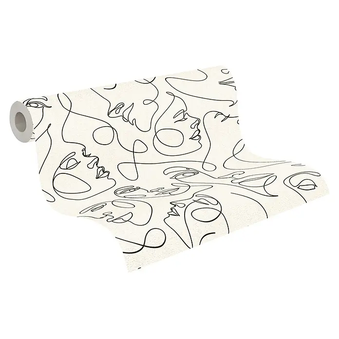 A.S. Création Pintwalls 3 Vliestapete Gesichter - Weiß-Schwarz, Grafisch, 10,05 x 0,53 m - Rolle hellfarbener Tapete mit schwarzen durchgehenden Linienzeichnungen abstrakter Gesichter.