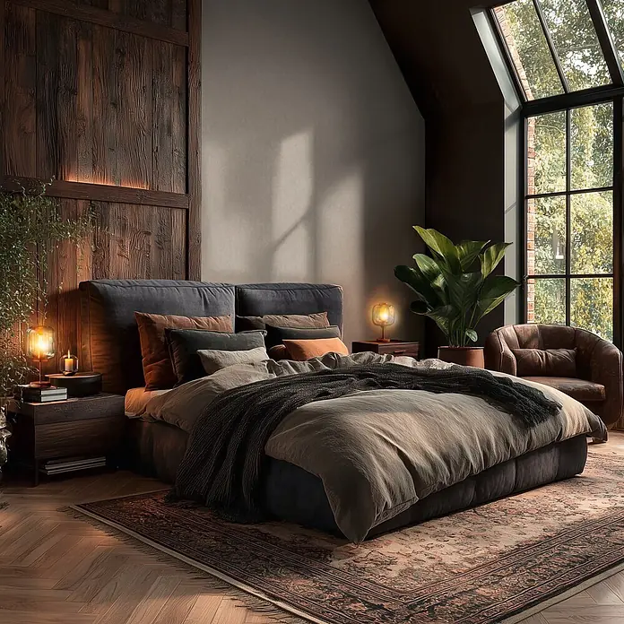 A.S. Création Metropolitan Stories Vibes & Styles Vliestapete Uni - Braun-Grau, Uni, 10,05 x 0,53 m - Ein gemütliches Schlafzimmer mit einem dunkelgrau gepolsterten Bett, neutraler Bettwäsche und warmer Beleuchtung, umgeben von rustikalem Holz und großen Fenstern.