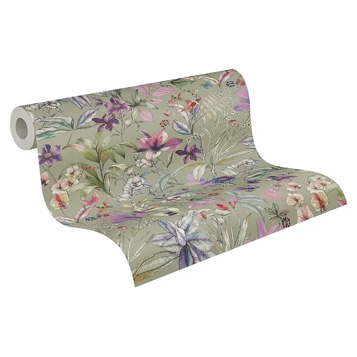 A.S. Création Pintwalls 3 Vliestapete Blüten - Grün-Lila, Floral, 10,05 x 0,53 m - Tapetenrolle mit mattgrünem Hintergrund und detailreichem Muster aus bunten Blumen- und Blätterillustrationen.