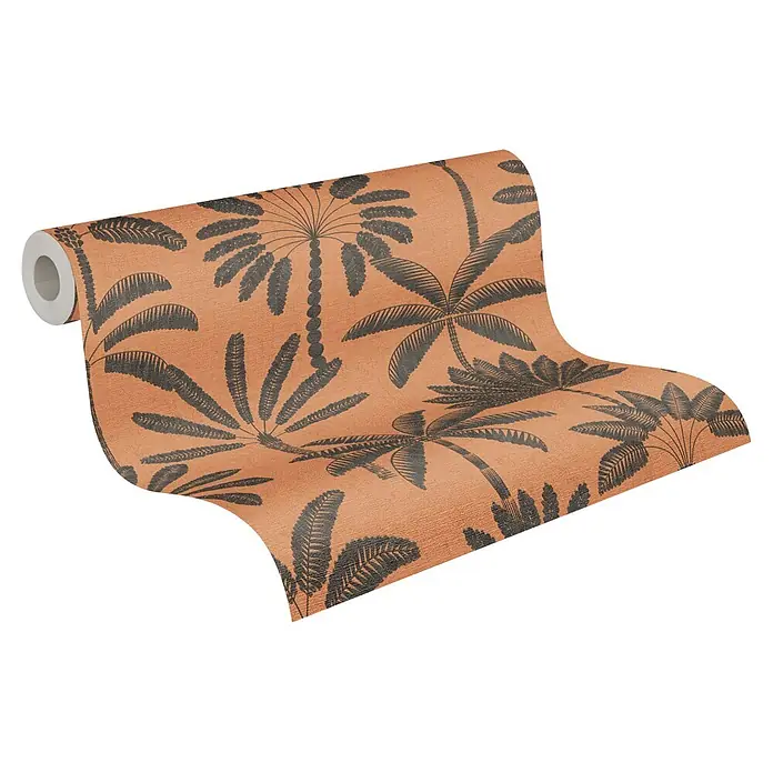 A.S. Création Cuba 2 Vliestapete Palmen II - Orange-Schwarz, Floral, 10,05 x 0,53 m - Rolle orangefarbener Tapete mit dunklem Palmen- und Tropenblattmuster.