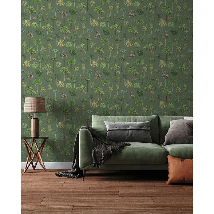A.S. Création Pintwalls 3 Vliestapete Palmen - Grün, Floral, 10,05 x 0,53 m - Grüne Tapete mit wiederkehrendem Muster aus Palmen und tropischen Pflanzen, die eine Wohnzimmerwand verschönert.