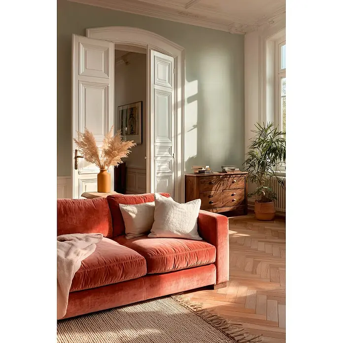 A.S. Création Metropolitan Stories Vibes & Styles Vliestapete Textil - Grau-Grün, Uni, 10,05 x 0,53 m - Ein großes, korallenrotes Samtsofa mit weißen Kissen in einem sonnigen Wohnzimmer.